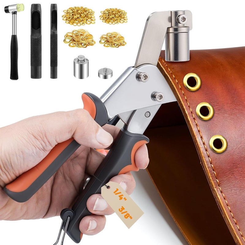 Dntorx Grommet Tool Kit, 1/4 Inch(6mm), 3/8 Inch (10mm) Grommets Heavy Duty Grommet Kit 500 Metal Eyelets and Grommets in Gold Grommet Eyelet Pliers Kit Eyelet Tool for Fabric, Leather, Belt, Shoes, Clothes - Image 1